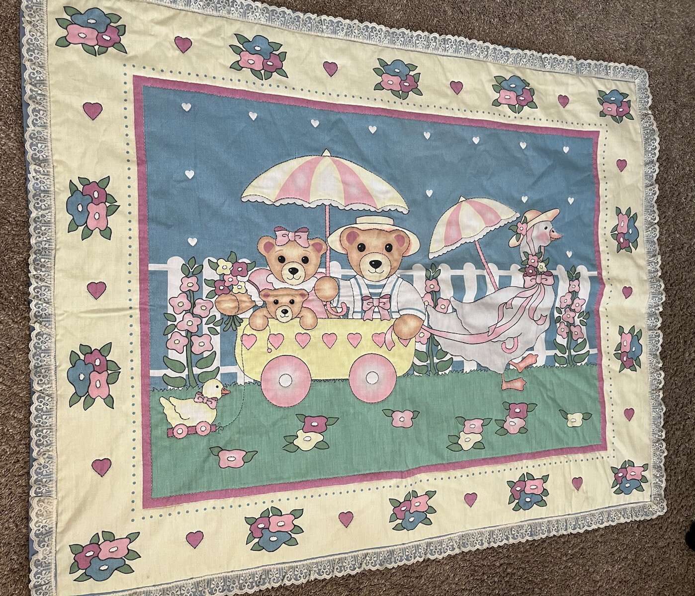 Vtg 80’s Baby Blanket Quilt Teddy Bear Hearts Goose Lace Detail