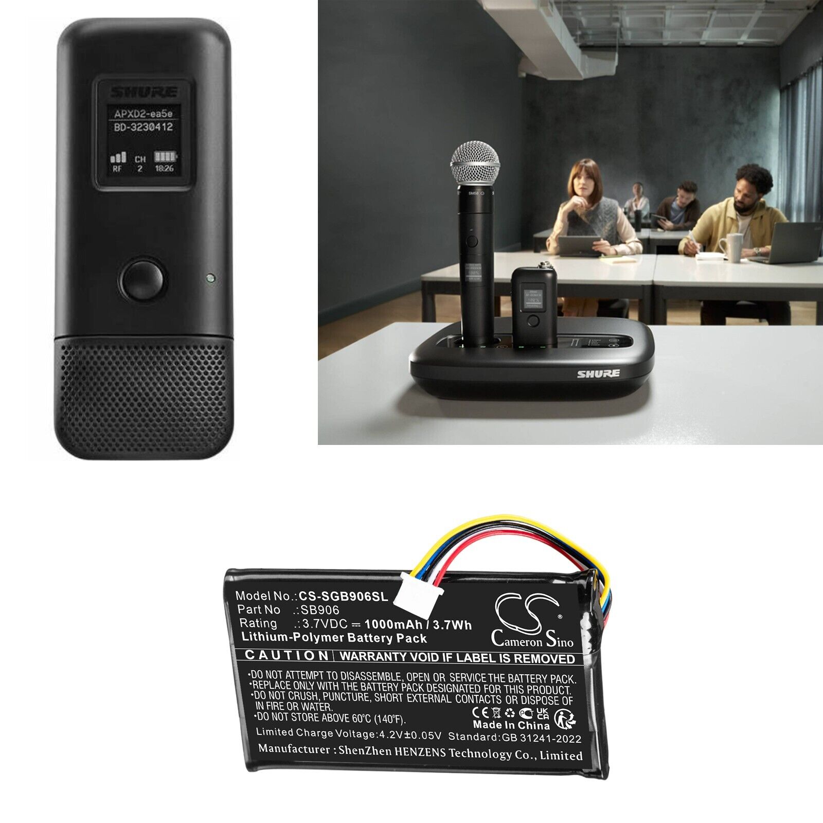 BATTERIE 1000mAh 95A47652 SB906 For Shure MXW1X MXW6X Transmitter, Boundary Mic