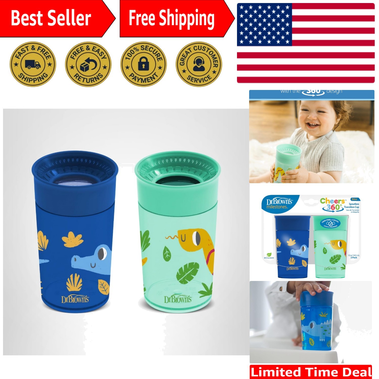 Travel-Friendly 360-degree Sippy Cups for Babies - 10oz, 2-Pack in Blue/Green