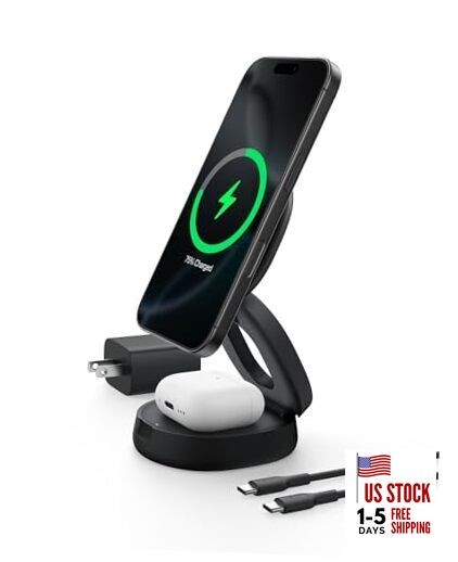  MagSafe Charger Compatible, 2-in-1 Qi2 Wireless Charging Station Black 2 in 1