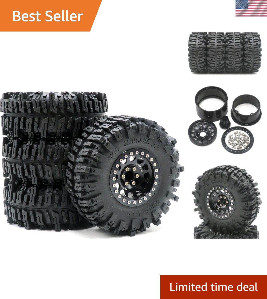 RC Crawler 2.2 Beadlock Wheels & Mud Slingers Tires Set for 1/10 Scale Off-Road