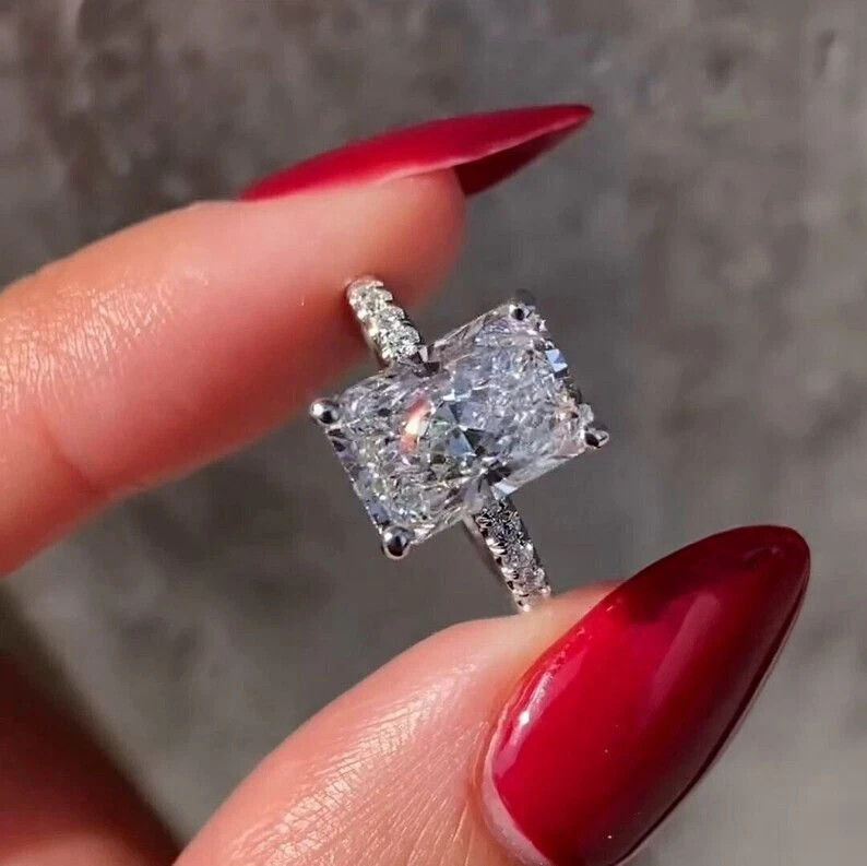 3.20Ctw Radiant Cut Moissanite Hidden Halo Engagement Ring 14k White Gold Plated