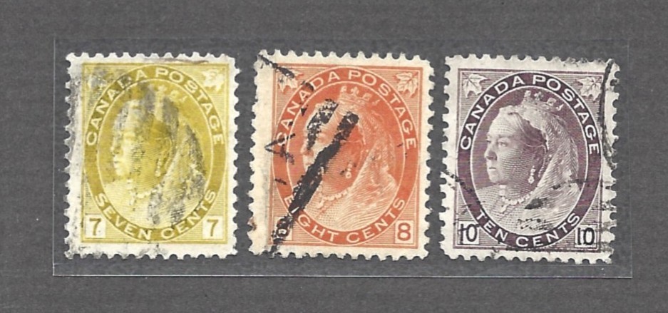 Canada Stamps #'s 81, 82 & 83, 7, 8 & 10 Cents Victoria Numerals, Used, CV $50