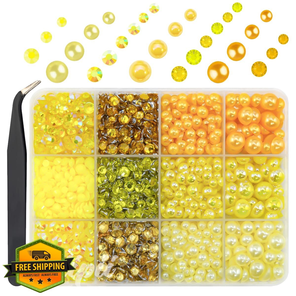 Qiipii 3-8mm Lemon Yellow Pearls Rhinestones Crafting Flatback Gems