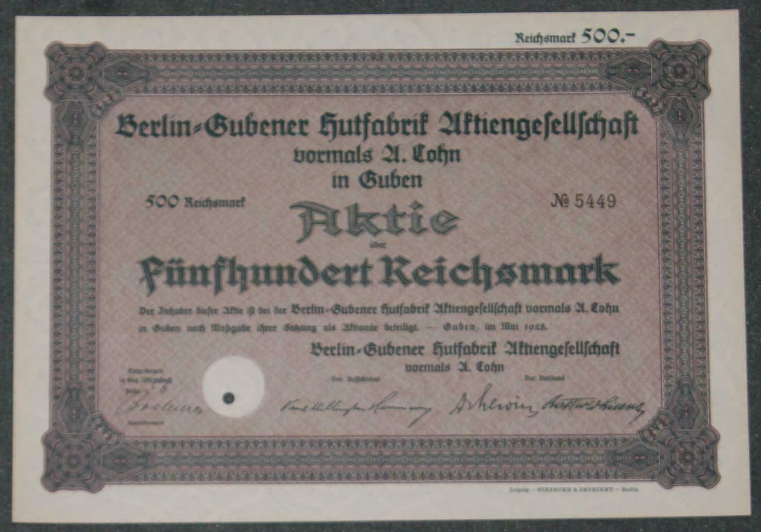 Berlin-Gubener Hutfabrik Aktiengesellschaft formerly A Cohn in Guben 1928 500 RM