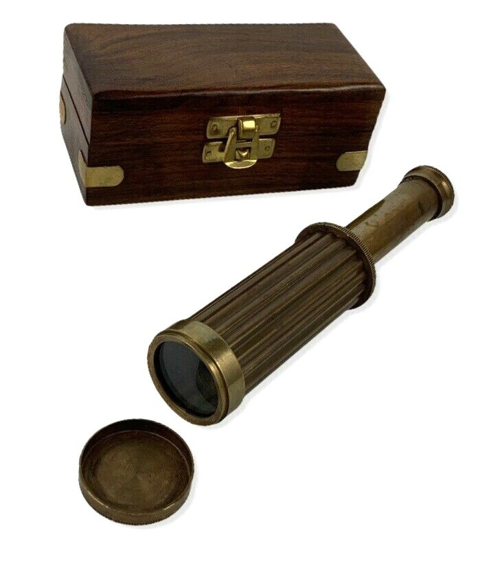 Telescope Spyglass 6-1/2" Brass with Wooden Box