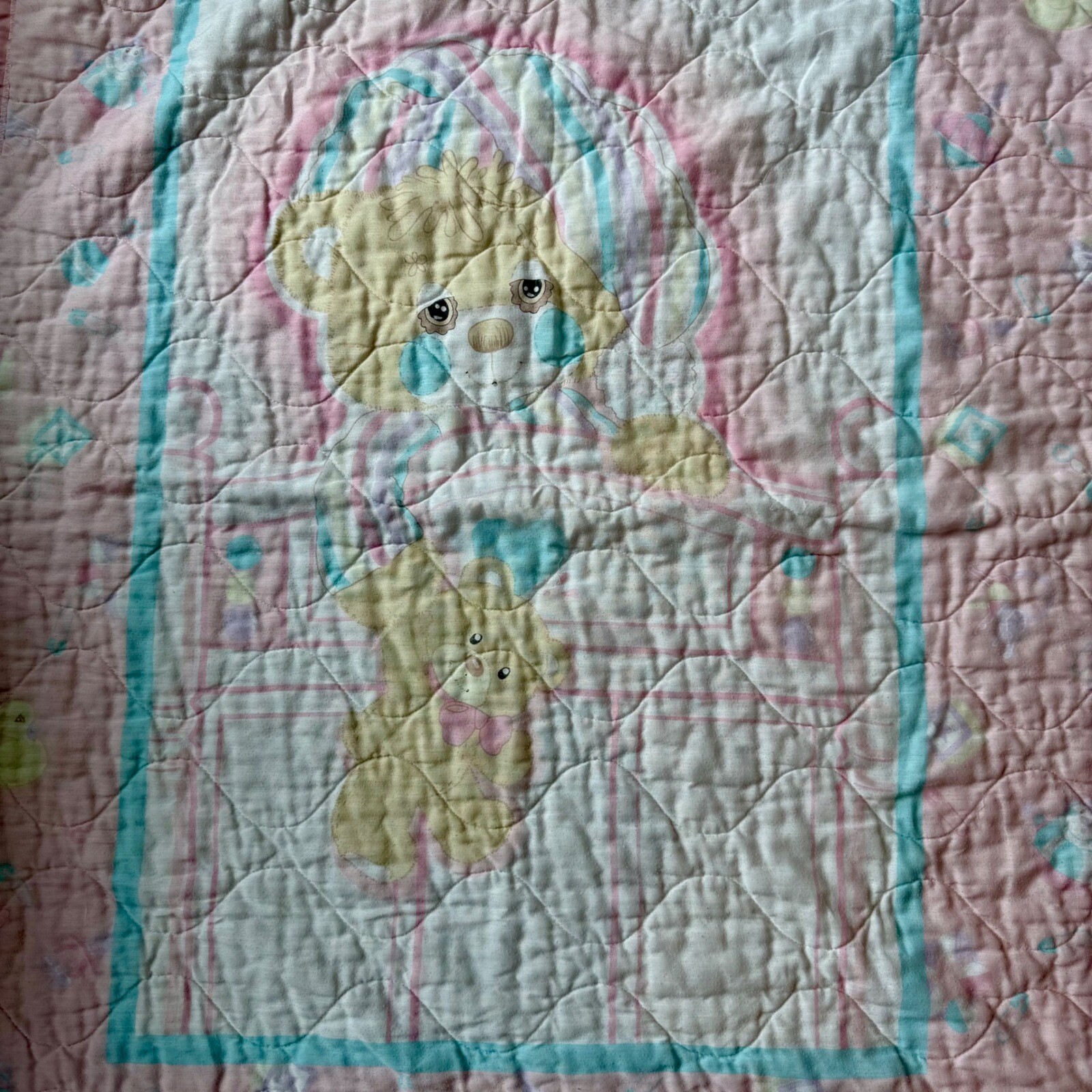 Vintage 1990s Pink Two Bear Handmade Baby Blanket Quilt CottageCore GrandmaCore