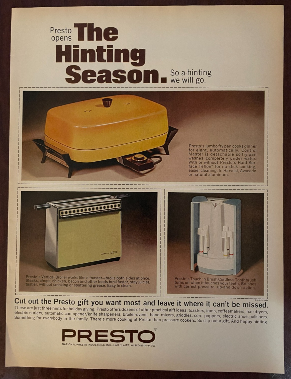 1969 Presto Appliances Fry Pan Vintage Print Ad Vertical Broiler Toothbrush