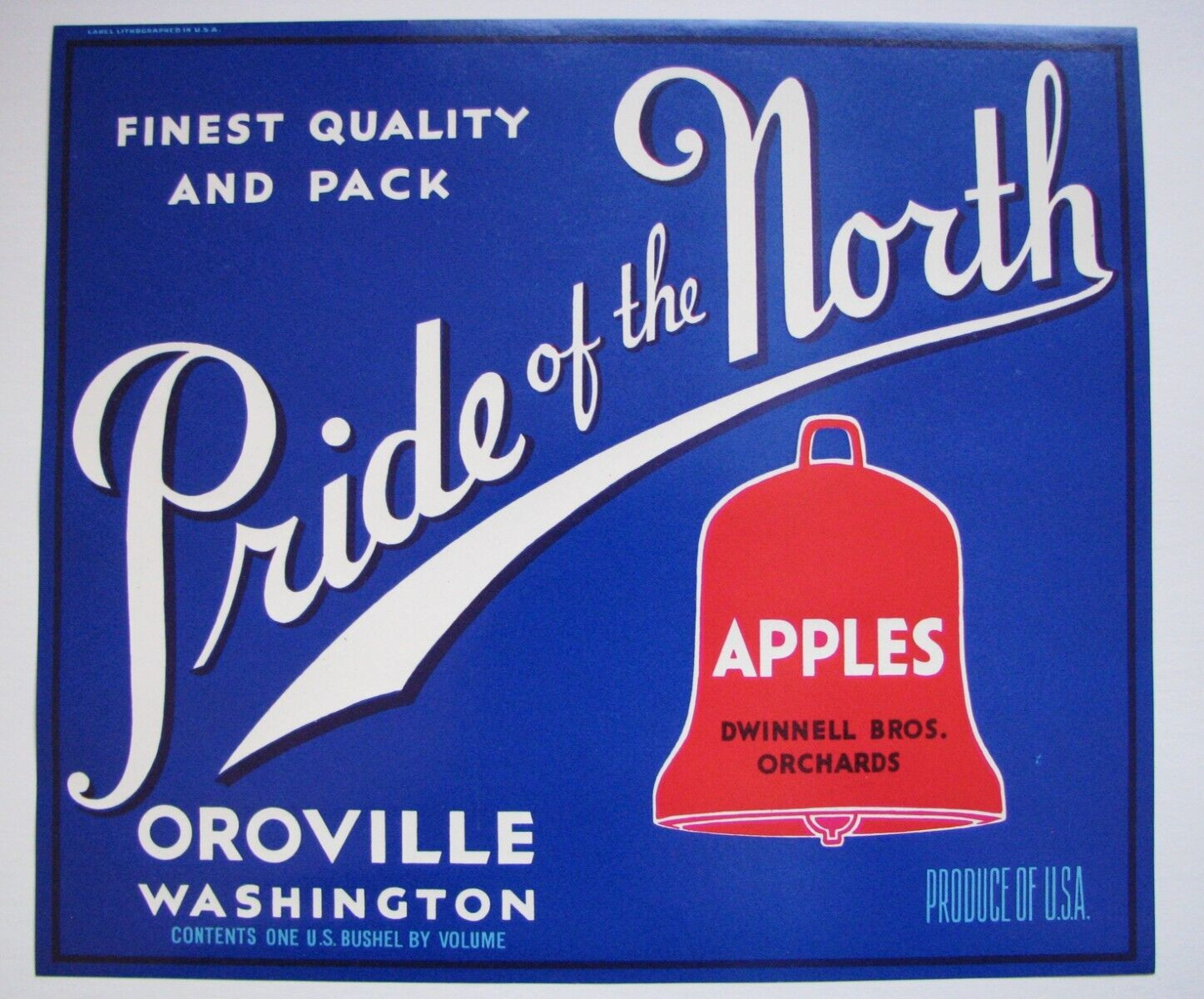 Original PRIDE OF THE NORTH apple crate label Dwinnell Brothers Oroville WA blue