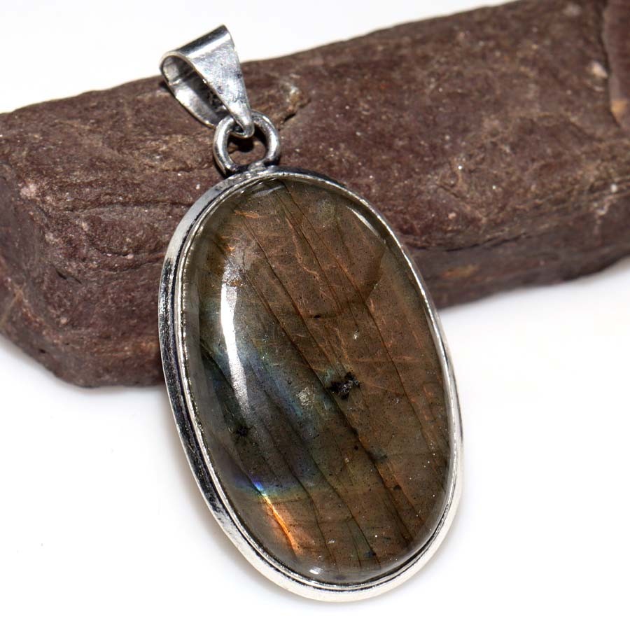 925 Silver Plated Fiery Labradorite Pendant 1.9" Festive Jewelry Trendy MJ