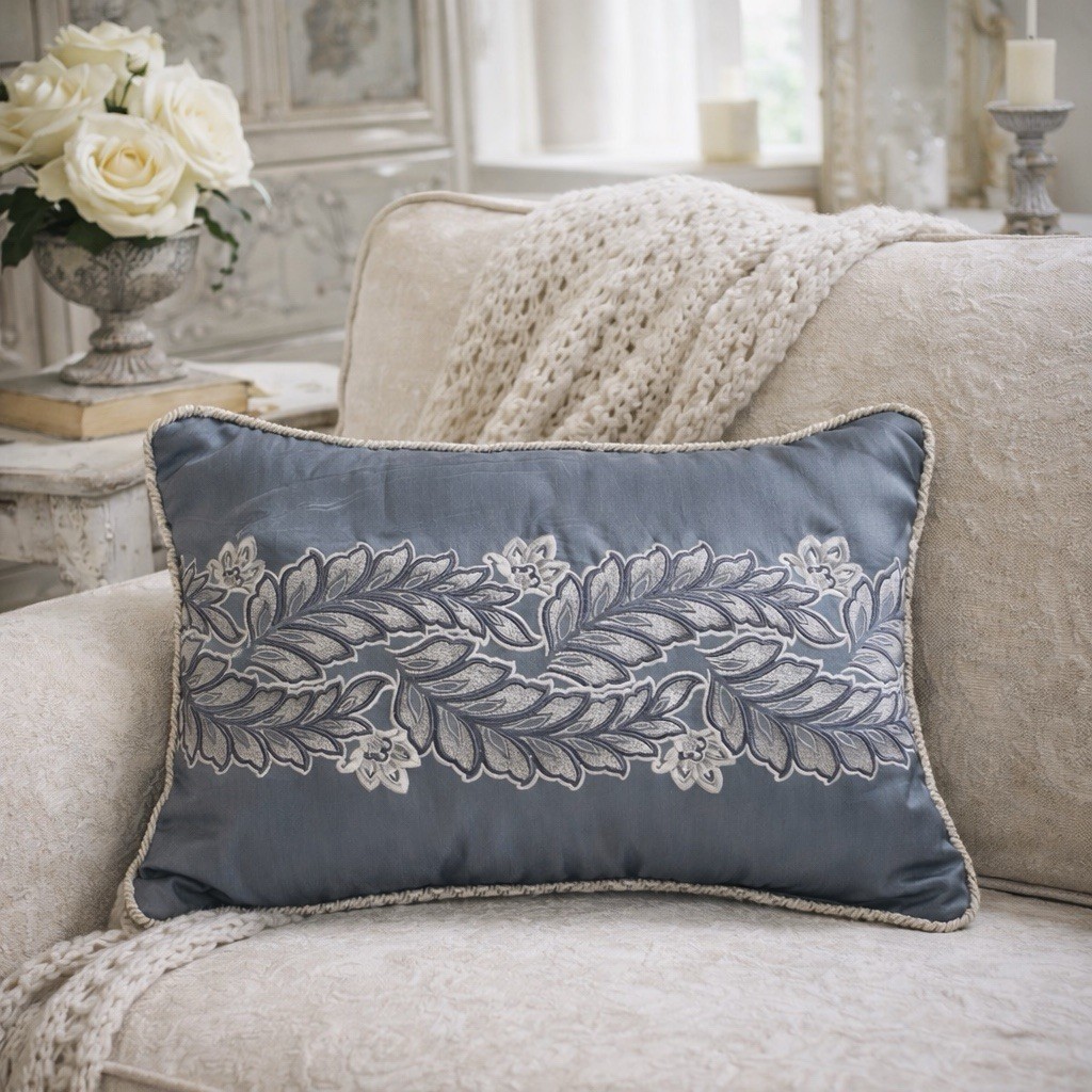 Croscill Seren Blue Boudoir Pillow 18x12 Embroidered Leaf Luxury Accent Throw
