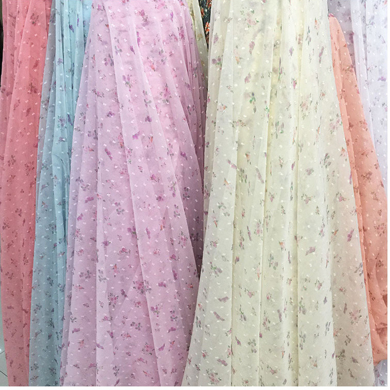 Chiffon Fabric Flower Printed Polka Dot Cloth Sewing for Costume Curtain DIY