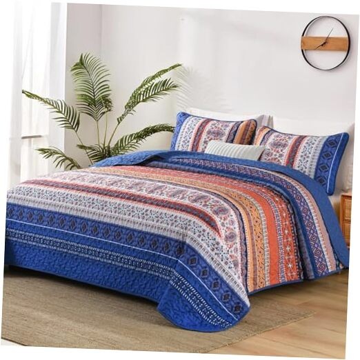  Boho Quilt Size, Blue and Orange Bohemian Bedspread Size Set Queen Blue Orange