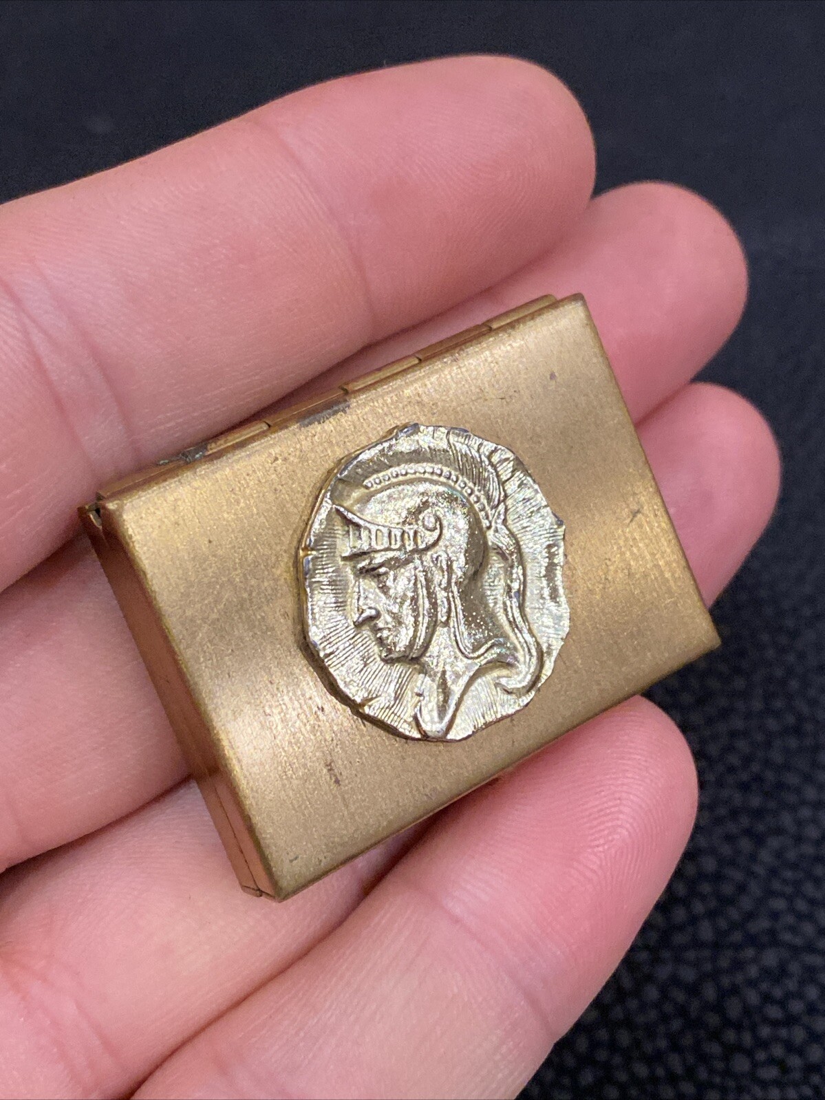 Roman Centurion Warrior Soldier Plume Helmet Head Bras / Gold Tone Coin Pill Box