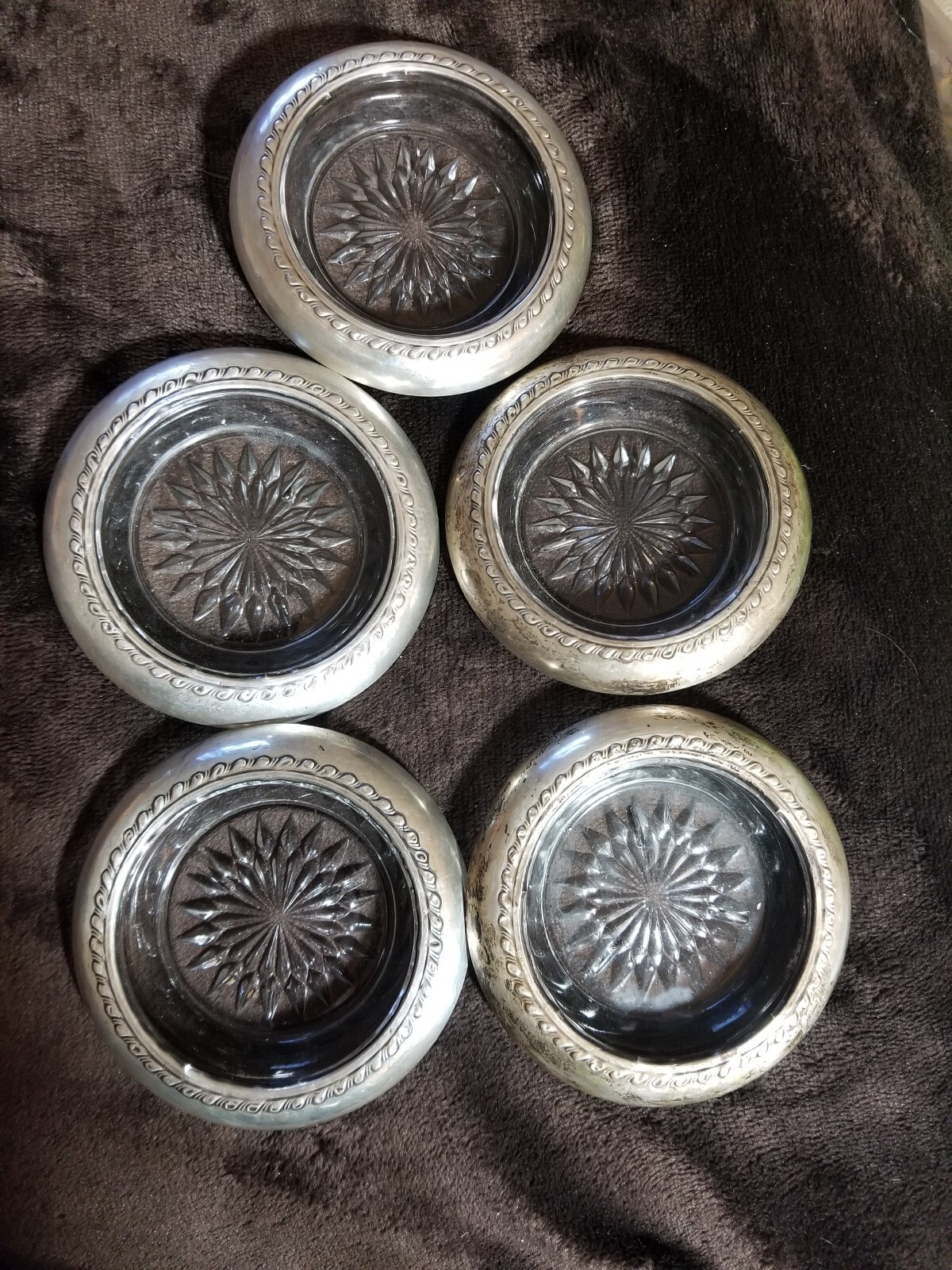 Drink Coasters Silverplate And Glass Vintage set of 5 silverplated