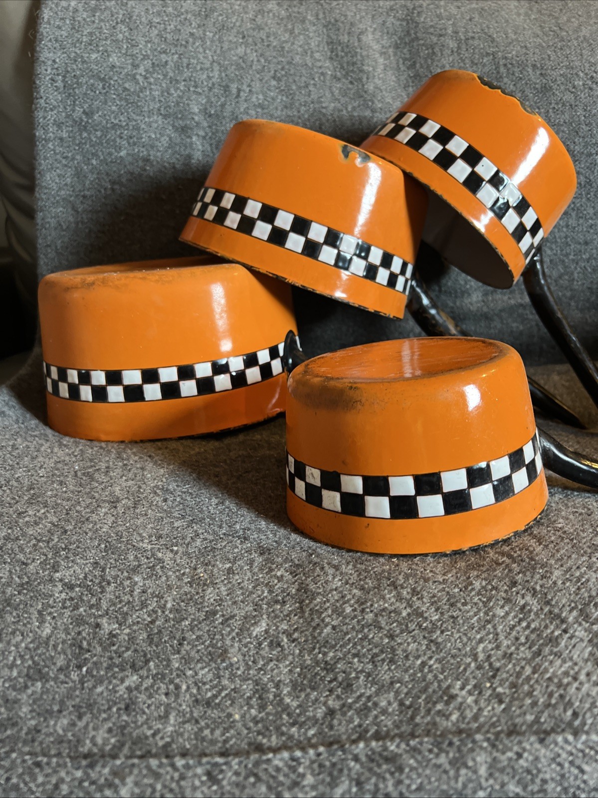 4 Orange Lustucru French Enamel Pots.  French Enamelware.