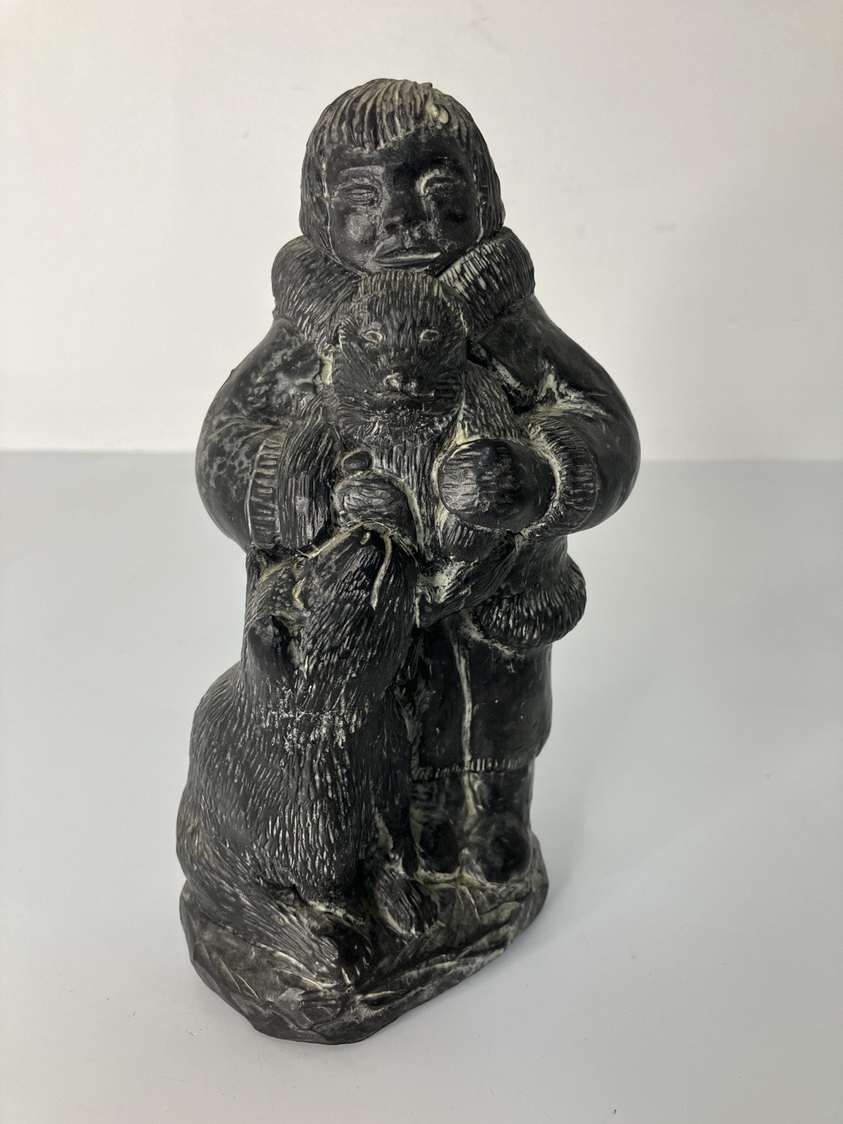 Eskimo w/Dog & Puppy Sculpture A Wolf Original Soapstone Handcarved ~ Canada