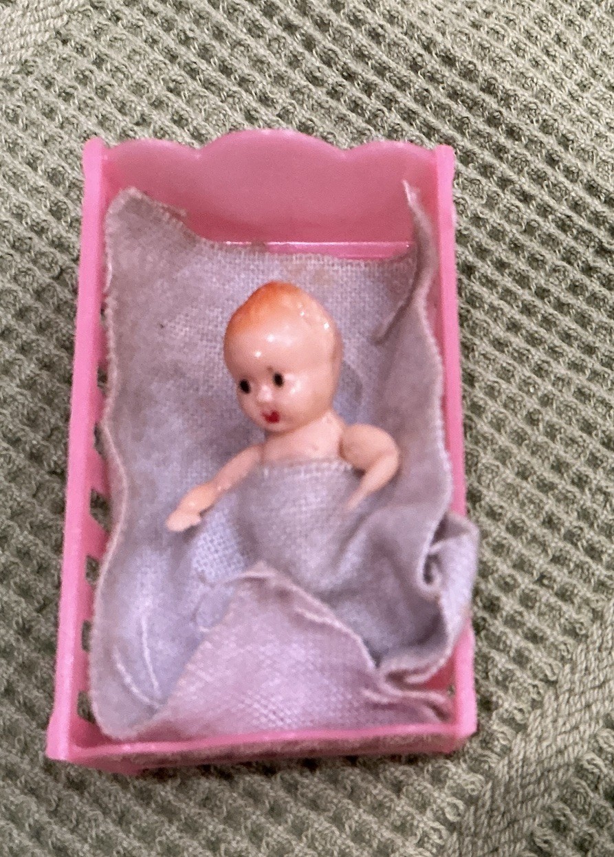 Vintage Celluloid/plastic Miniature Baby Doll For Dollhouse W/ Crib