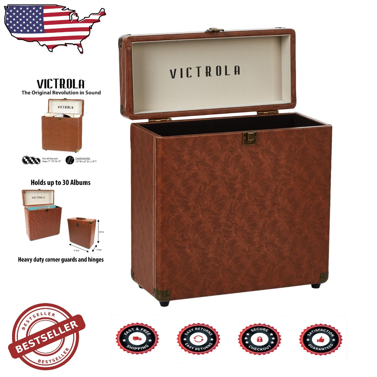 Vintage Record Case for Turntables - Brown, 30+ LPs, Scratch-Free, Carry Handle