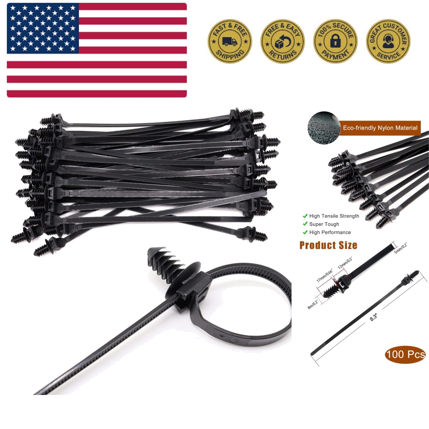 Push Mount Zip Ties, 8 inch Cable Zip Tie Black Wire Tie with Push Pin Fir Tr...