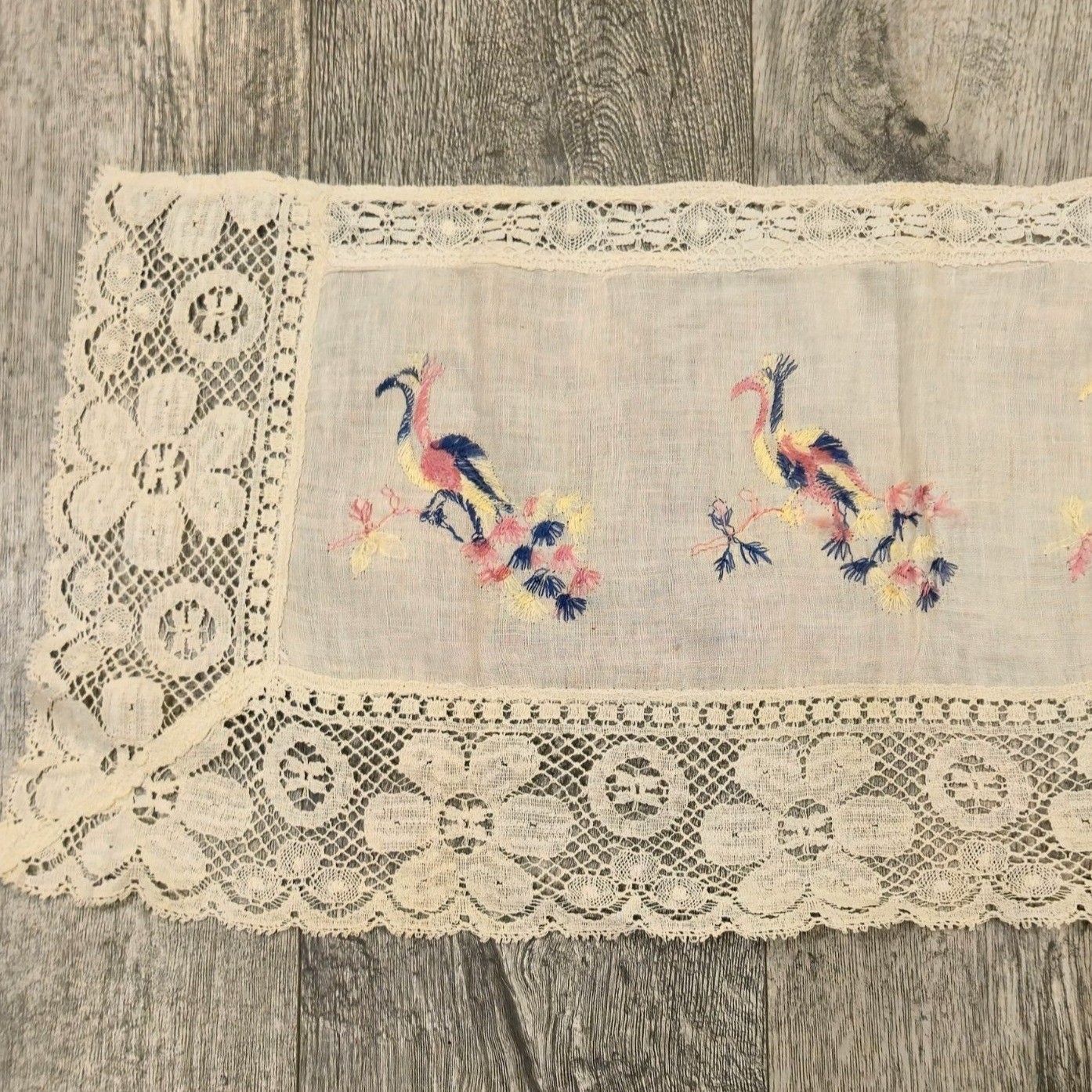Antique Table Runner Embroidered Crane Bird Motif Lace Trim  Heirloom Needlework