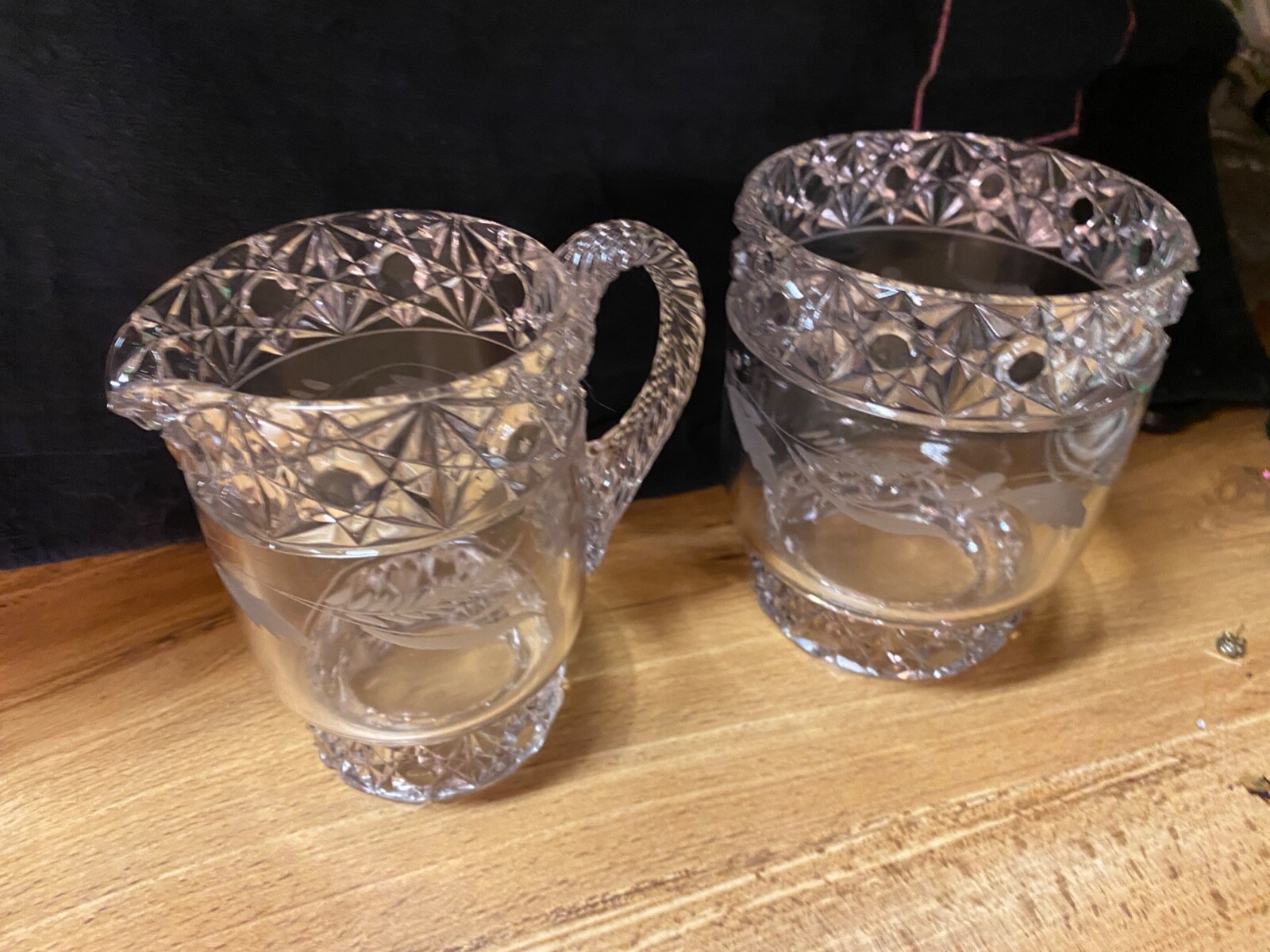 HEAVY CRYSTAL SUGAR & CREAMER UNIQUE PATTERN ETCHED LARGE VINTAGE 5" T