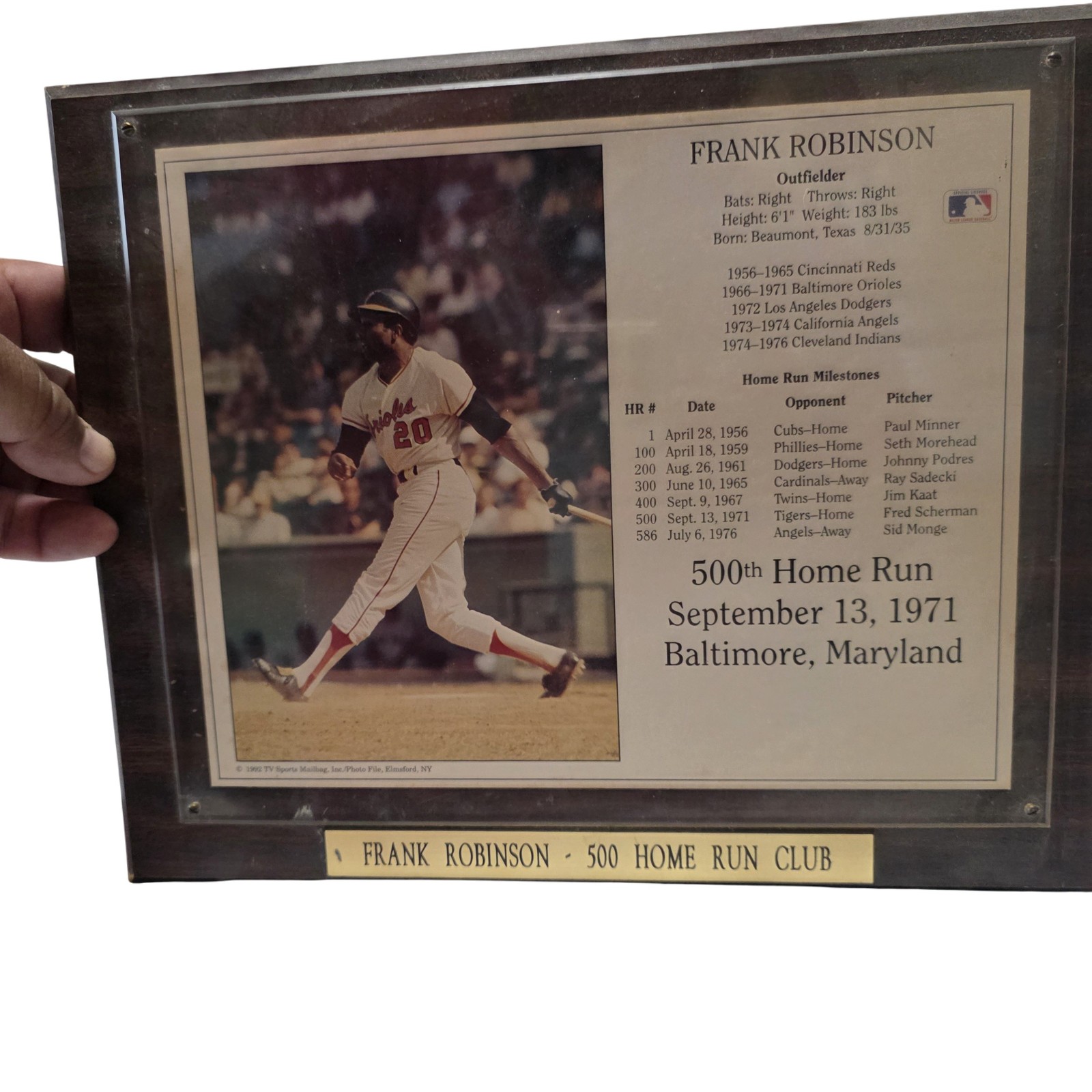 Vintage Baltimore Orioles Plaque Frank Robinson 500 Home Run Club MLB Baseball 7
