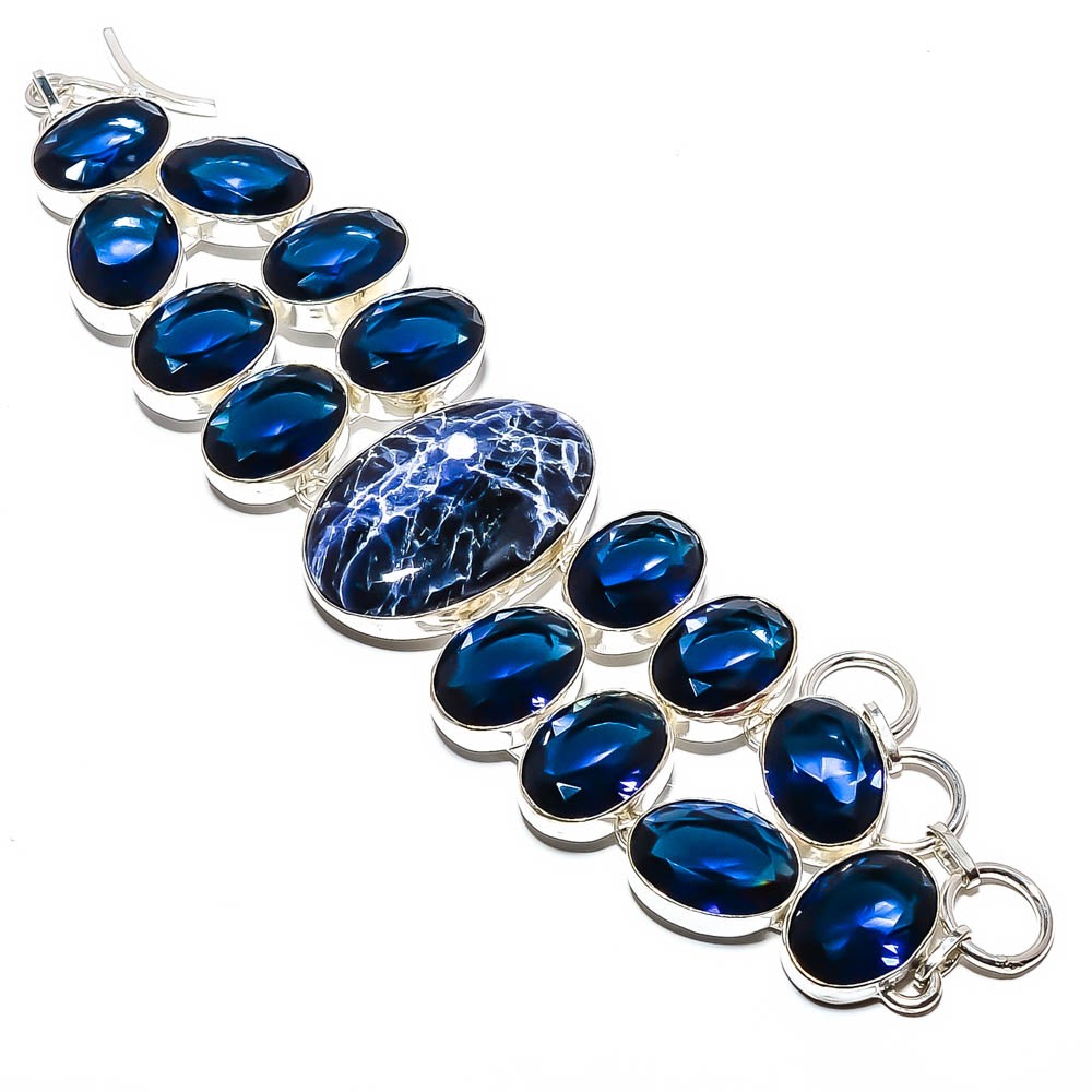 Sodalite - Minas Gerais & Blue Sapphire Simulated 925 Silver Bracelet 7.99" M155