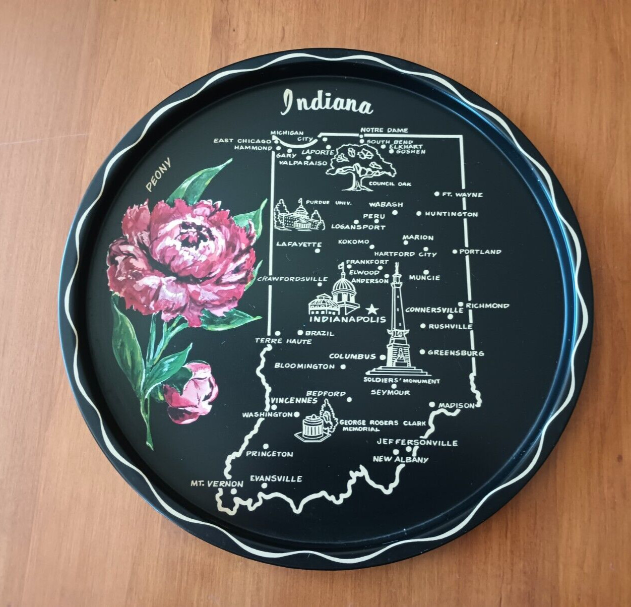 INDIANA SOUVENIR TRAY ~ BLACK METAL, 1960's, 11" Diameter