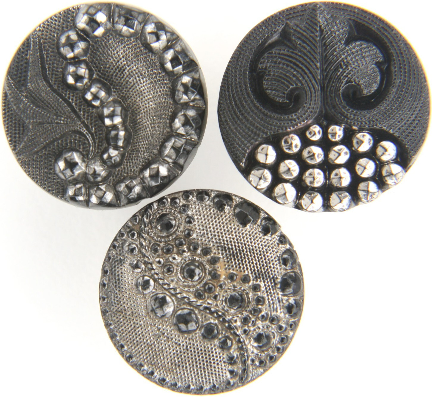 C1890s Antique Victorian Glass Silver Luster Button Lacy Floral Paisley LOT 3