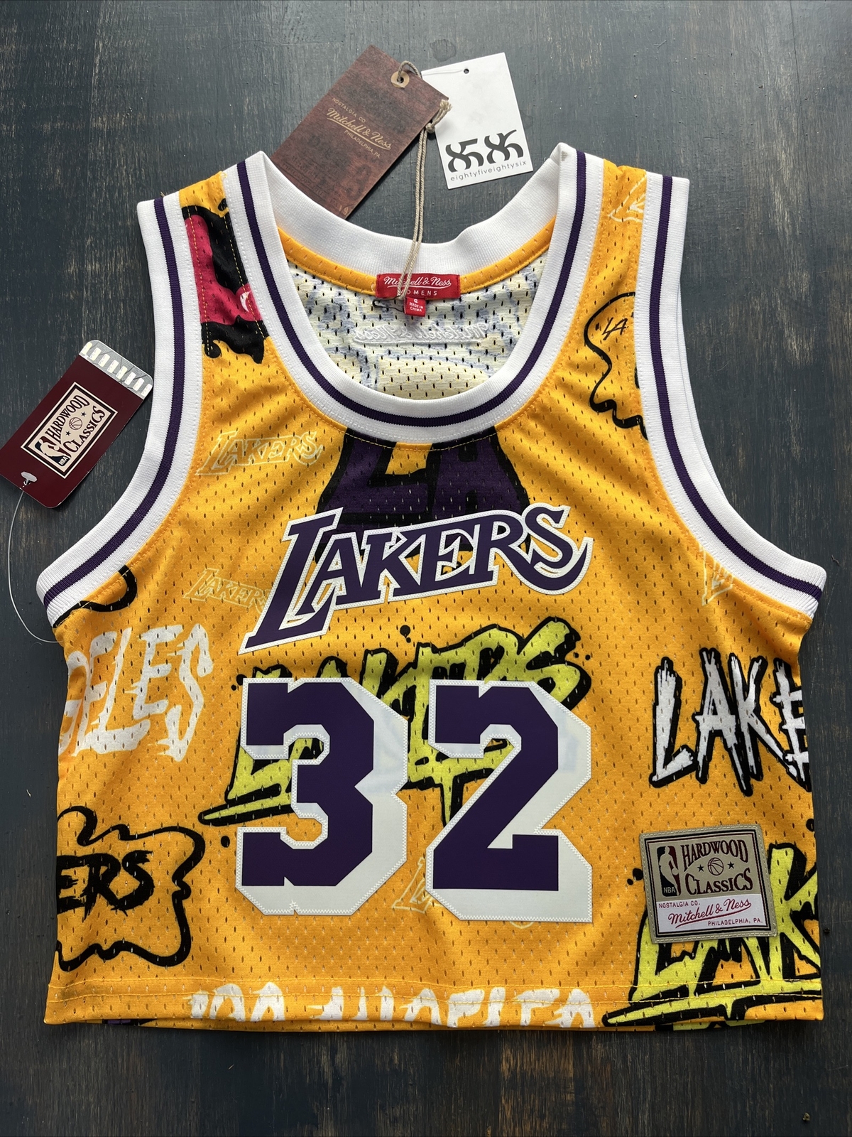 NWT! Mitchell & Ness Slap Sticker Crop Magic Johnson Lakers Jersey Small
