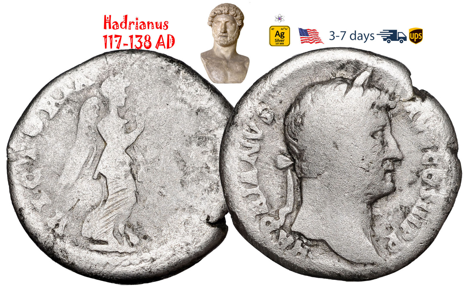 Ancient Roman Empire Coin Silver Denarius Hadrian 117 - 138 AD Authentic #31976