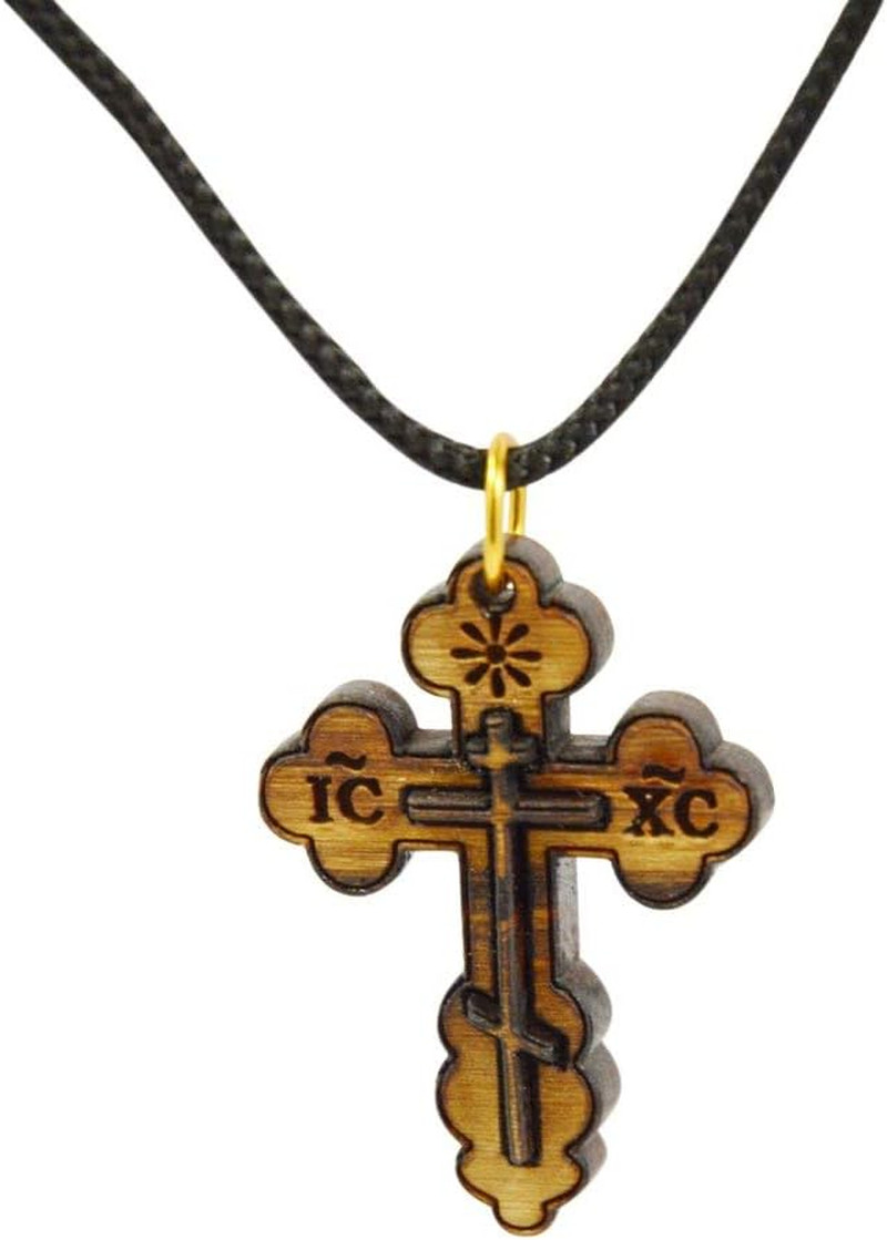 AUTHENTIC Bethlehem Olive Wood Eastern Cross Pendant in Natural Cotton Pouch wit