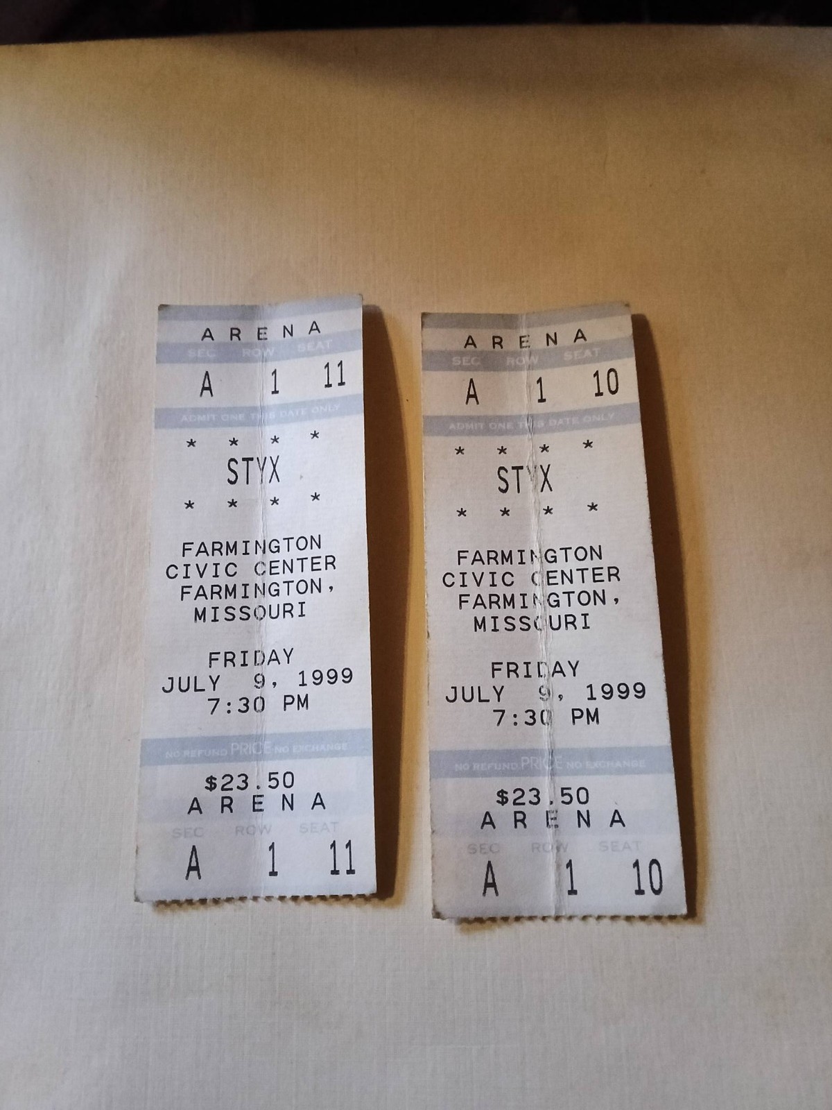 1999 Styx tickets from Farmington Missouri