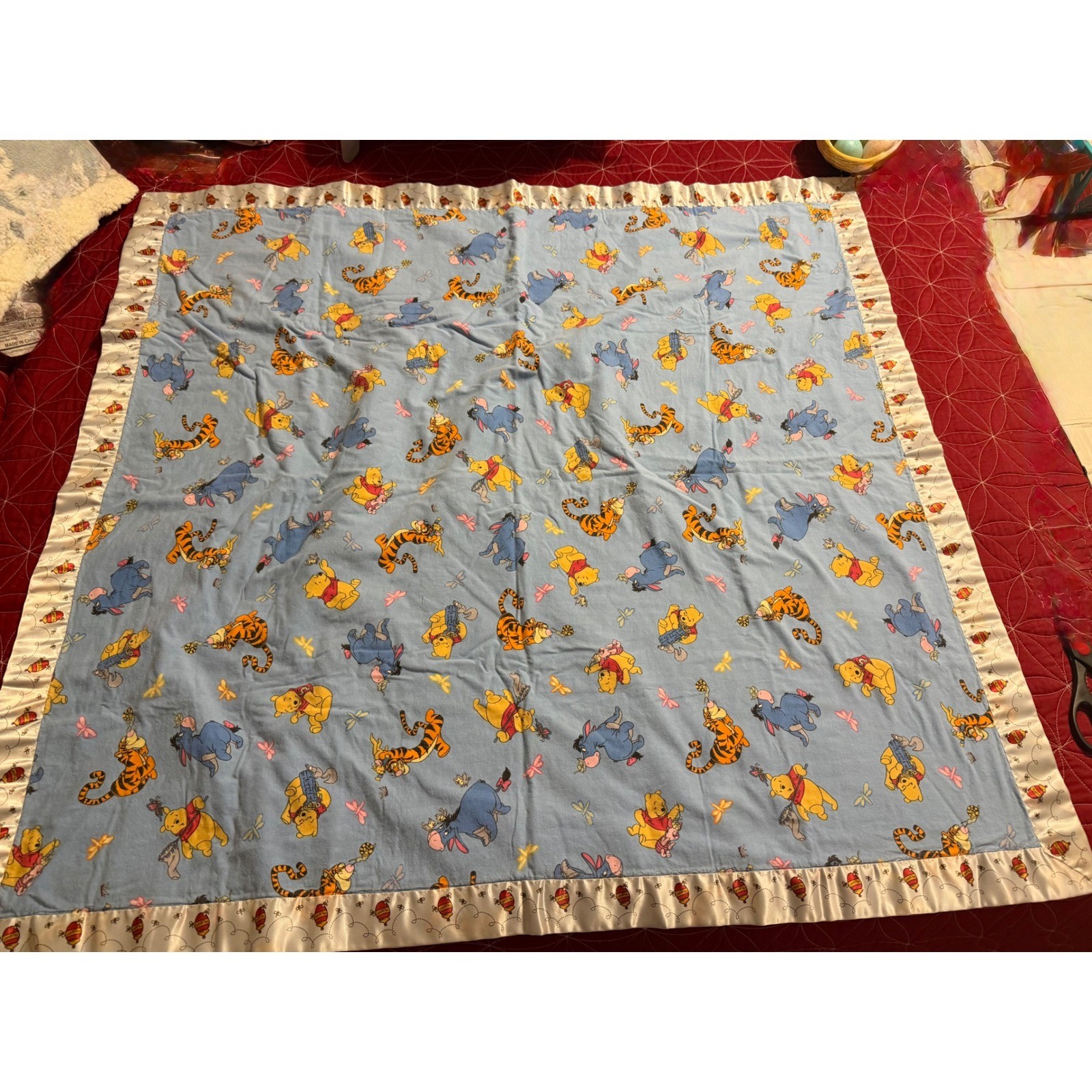 Vintage Disney Winnie the Pooh Reversible Baby Blanket Blue Satin Ruffle Trim