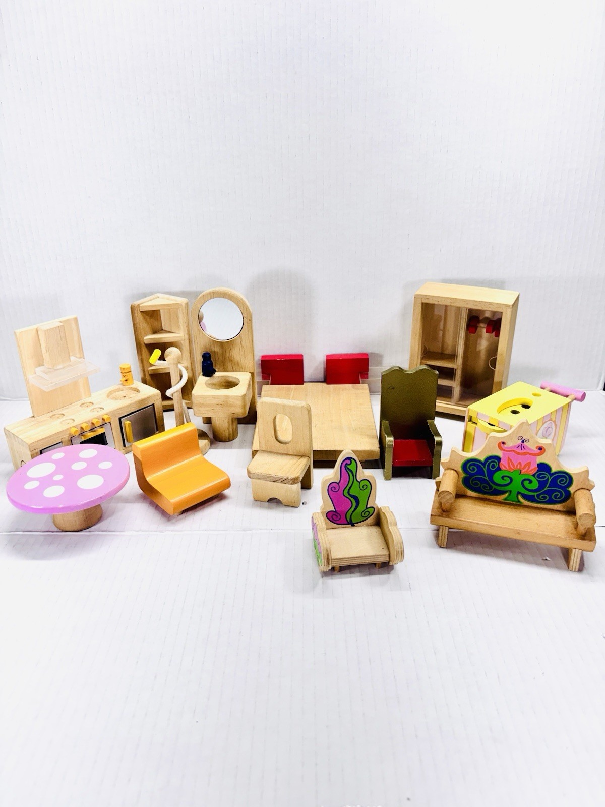 Group Of Wooden Dollhouse Furniture Mixed Educo And Unbranded 13 Pieces