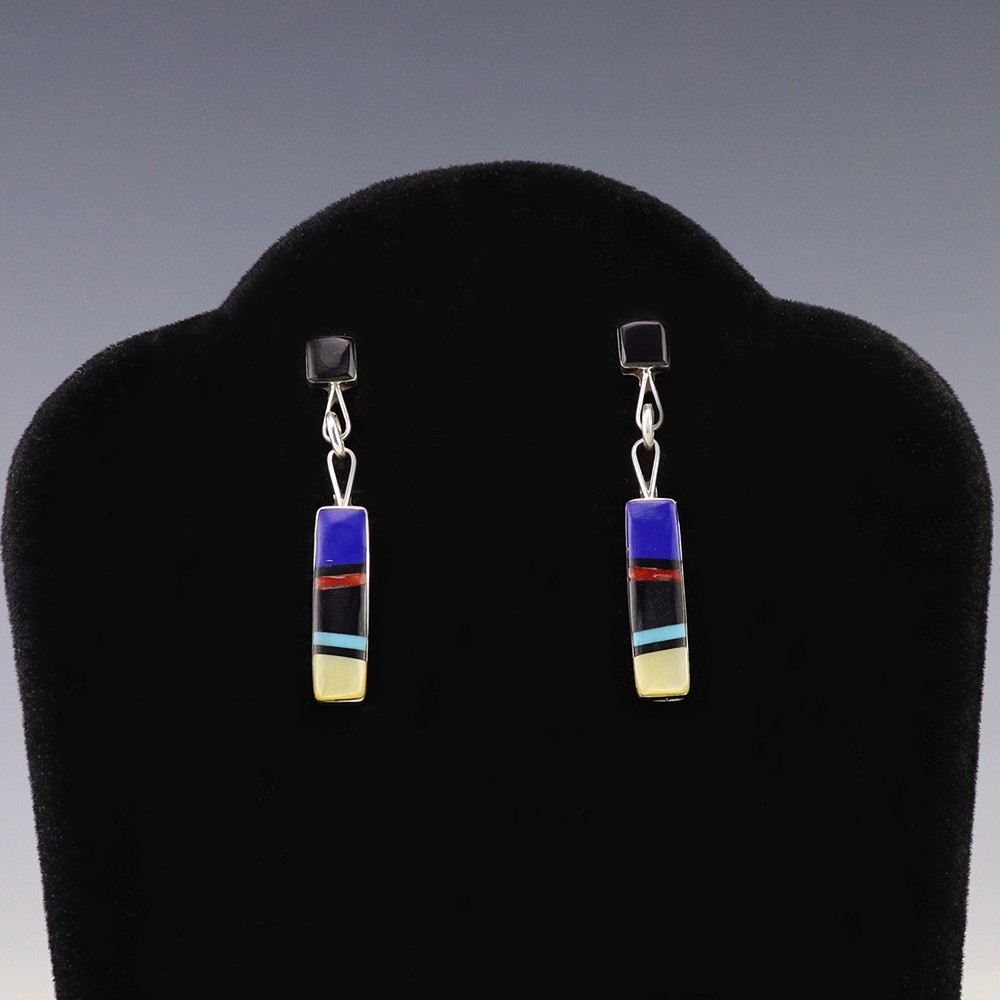 NATIVE AMERICAN ZUNI STERLING SILVER & INLAY EARRINGS