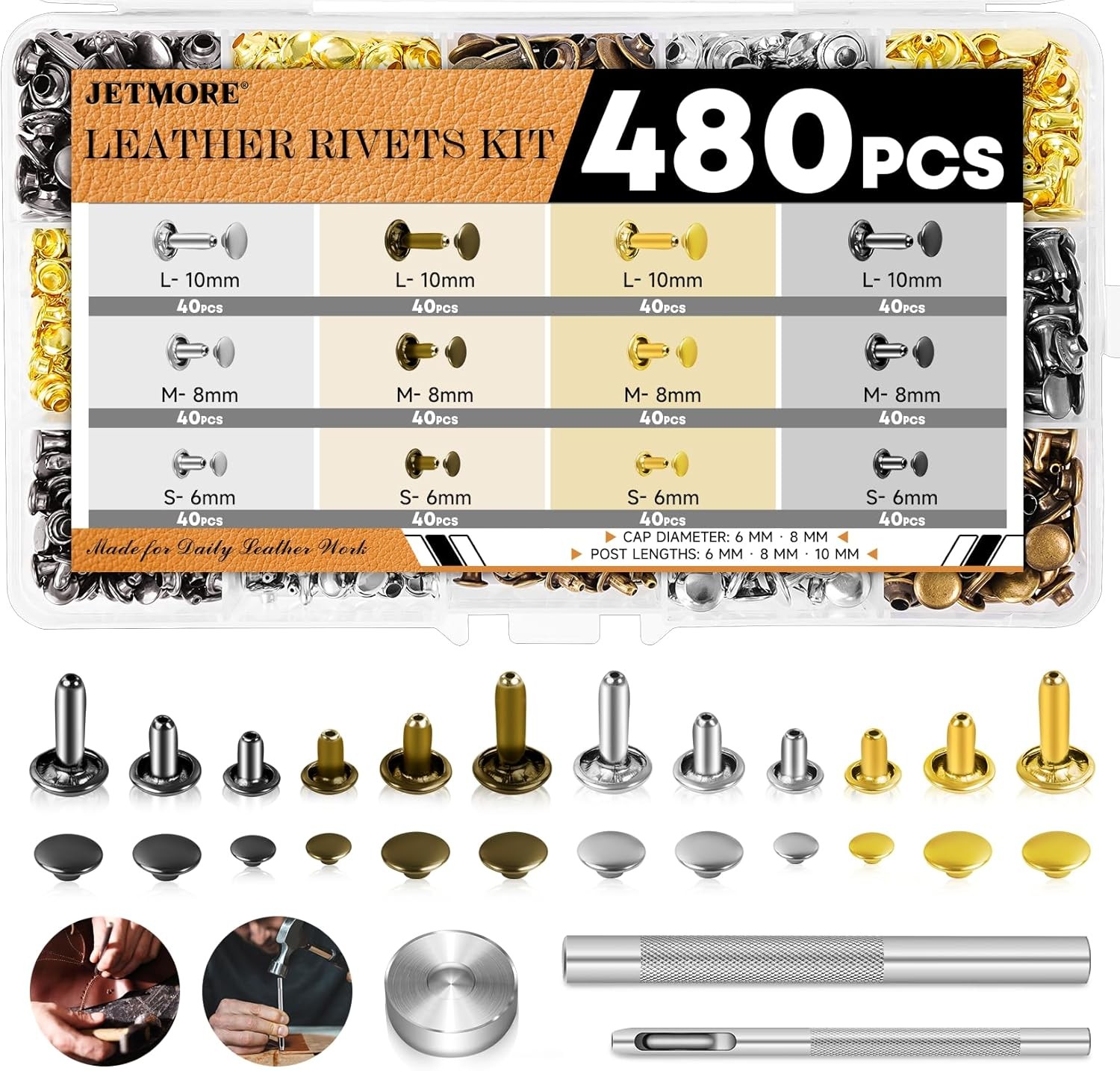 Jetmore 480 Pack Leather Rivets, Brass Rivets for Fabric, Leather Rivet Kit, Dou