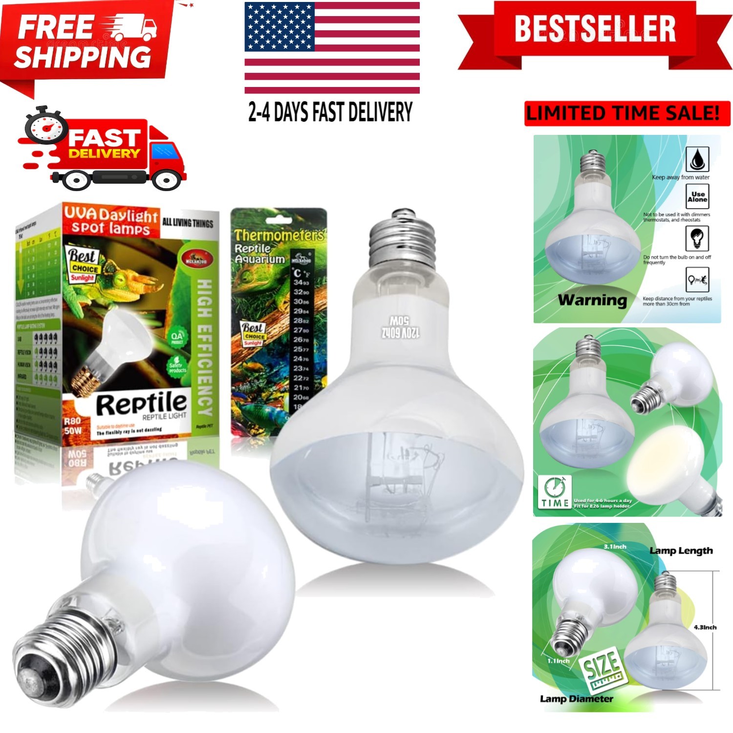 Reptile Heat Lamp 75W 2 Pack,UVA Basking Light Bulbs,Natural Daylight Terrari...