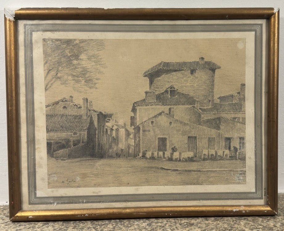 Drawing Antique Charcoal Signed: View Presumed from The Basque Country