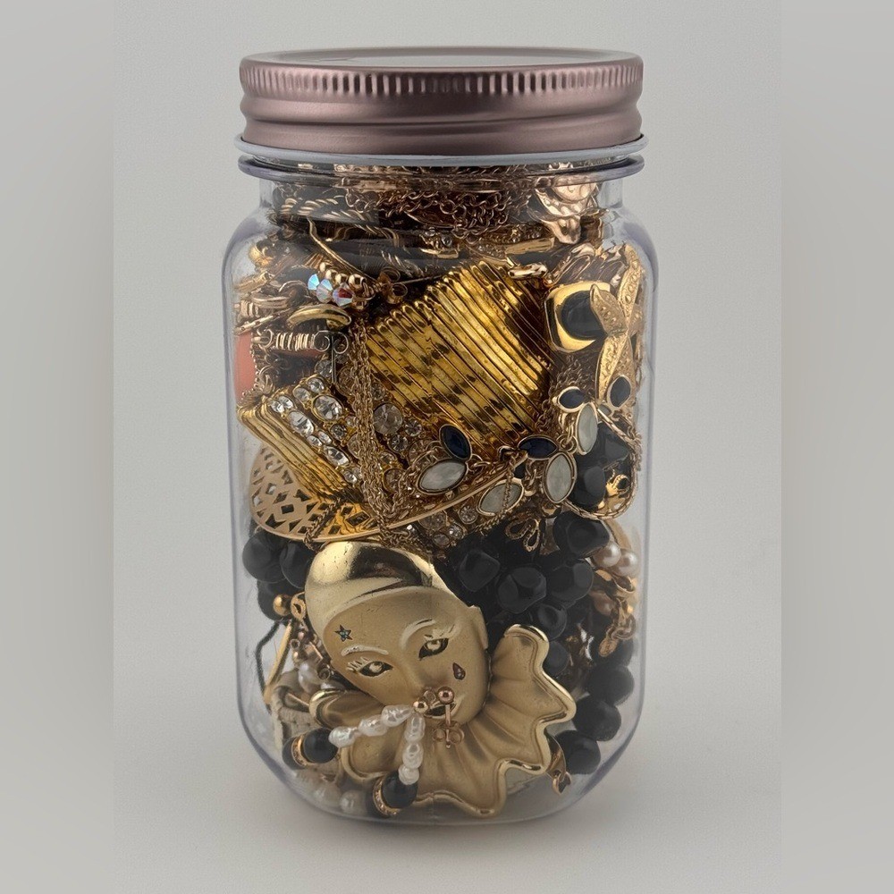 16oz Gold Tone Jewelry Jar Mixed Vintage & Contemporary Costume Jewelry Lot