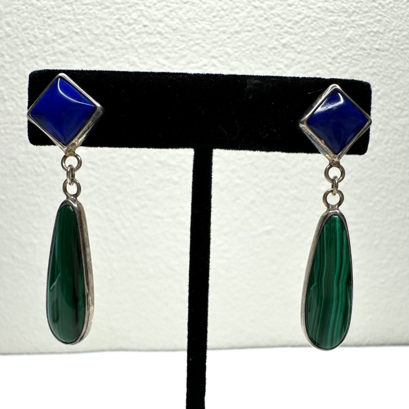 Vintage Sterling Silver Lapis & Malachite Dangle Earrings Southwest Postback 10g