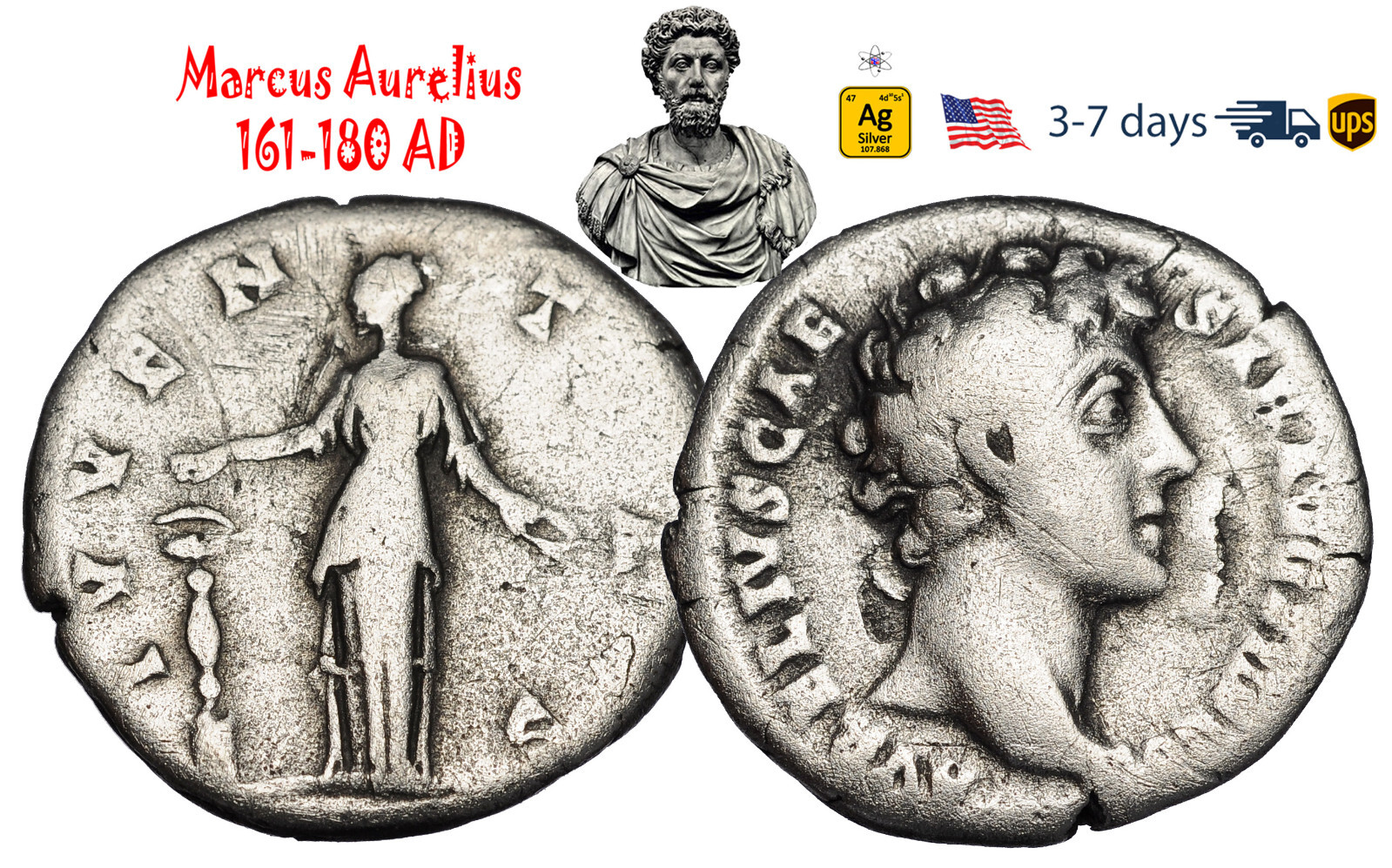 Ancient Roman Empire Coin Silver Denarius Marcus Aurelius 161 180 AD #33289