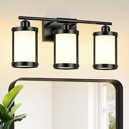 3-Light Black Bathroom Light Fixtures with 3-Light, 21" L Black + Milk Glass