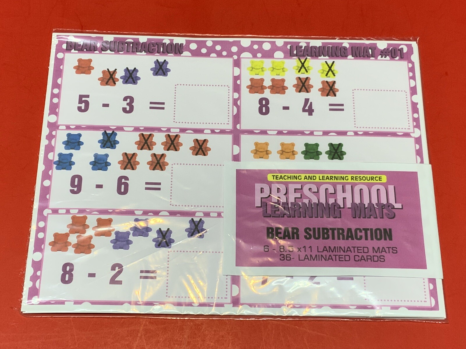 Bear Counter Subtraction - Set of 6 Learning Mats / Cards - Laminated Activity