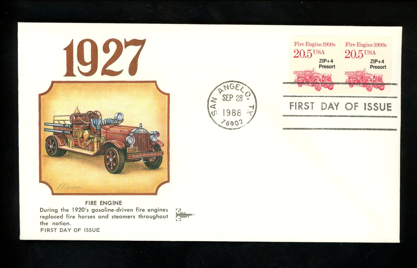 US FDC #2264 Gill Craft 1988 San Angelo TX Fire Engine firefighting 