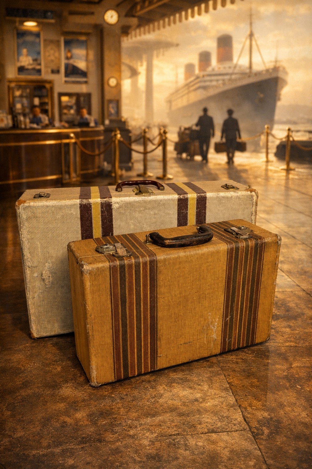 Vintage Tweed Hard Travel Suitcases 1940s Luggage Pair