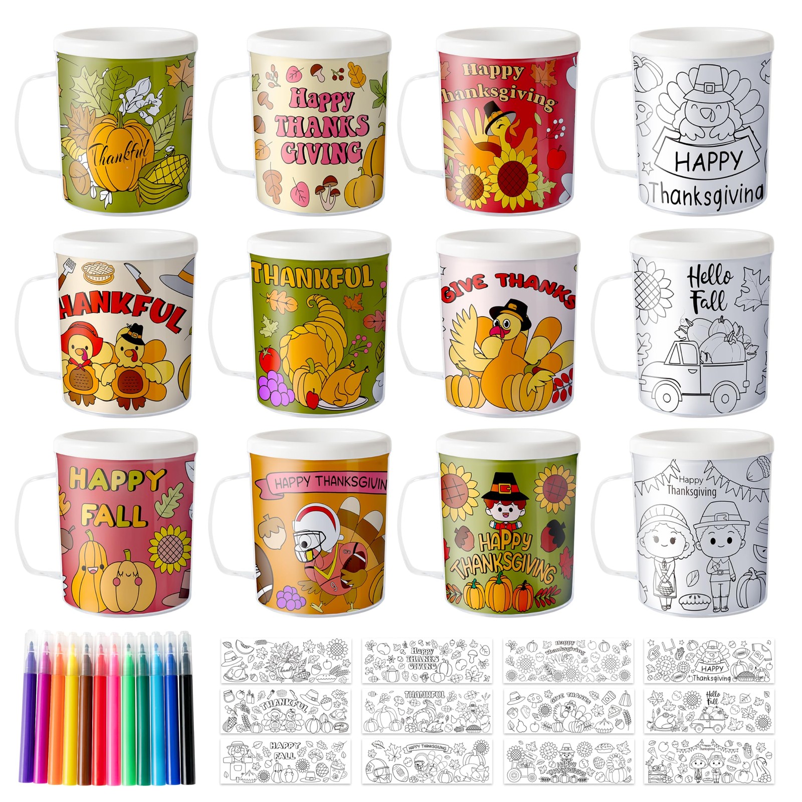 Thanksgiving Color Your Own Mugs for Kids-12Pcs Fall Bulk 8oz Personalized Co...