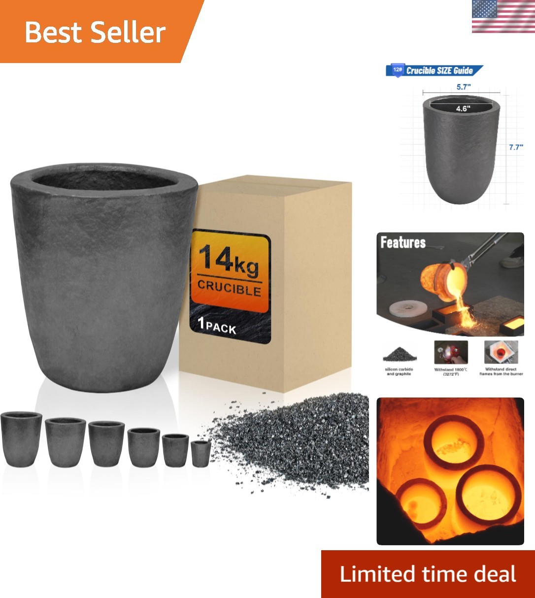 14kg Silicon Carbide Graphite Crucibles,Crucibles for Melting Metal,Withstand...