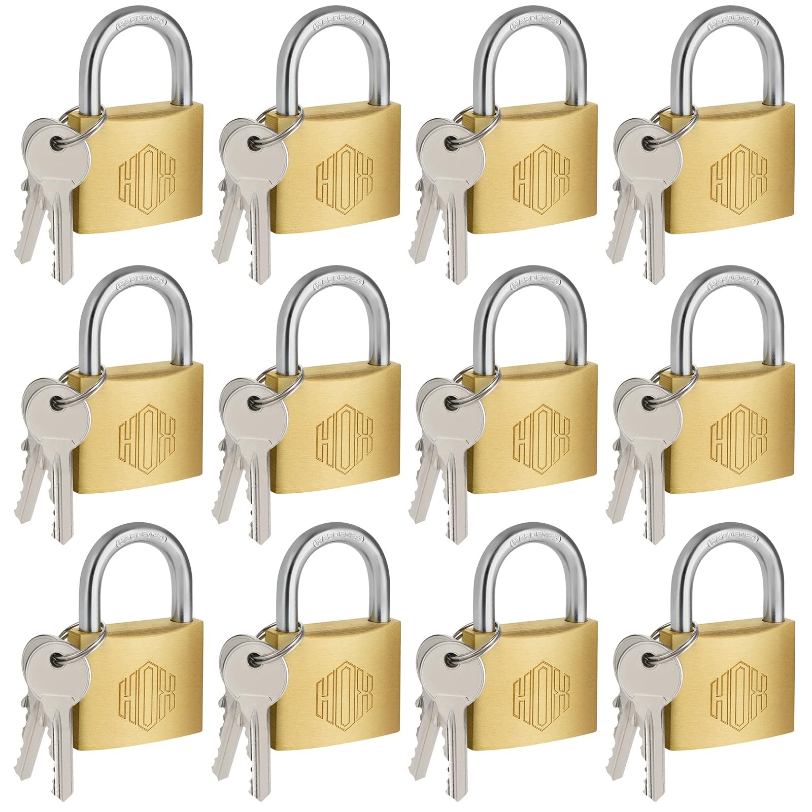 HOX Solid Brass Keyed Different Padlock with 1-9/16-Inch Wide Body, 12 Pack 